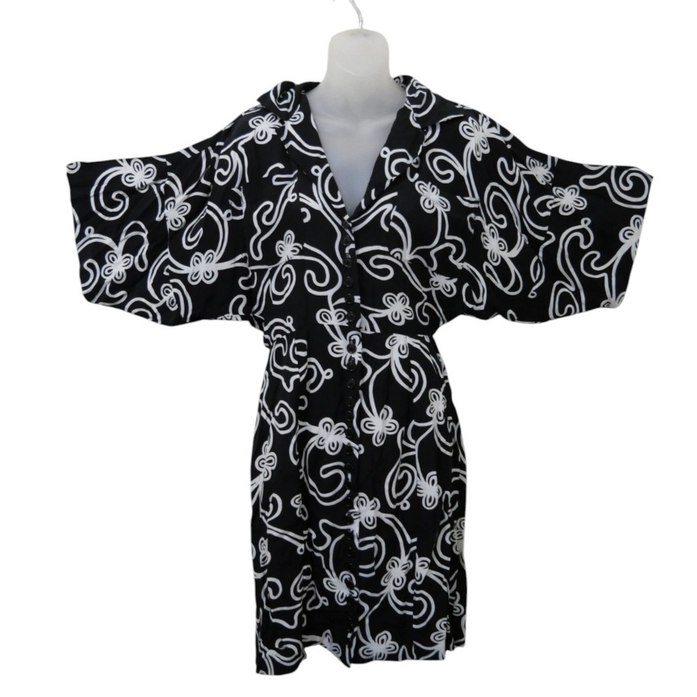 Vintage 1980s Norma Kamali Black White Graphic Shirt Dress Size S Button Front